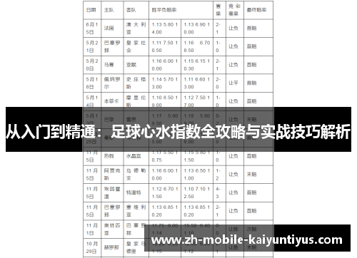 从入门到精通：足球心水指数全攻略与实战技巧解析