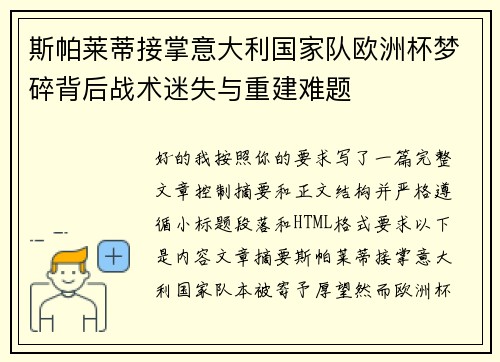 斯帕莱蒂接掌意大利国家队欧洲杯梦碎背后战术迷失与重建难题